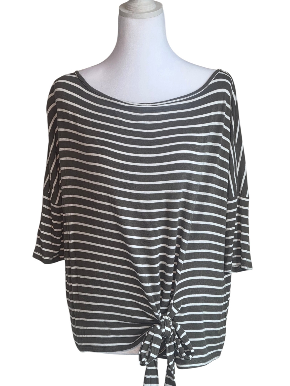 Striped Tie-Front Boatneck Top - Dark Green and White